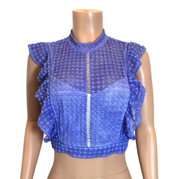 Forever 21 Lace Open Back Crop Top Blue Ruffle Sleeveless Tie Back Juniors M - Picture 2 of 8